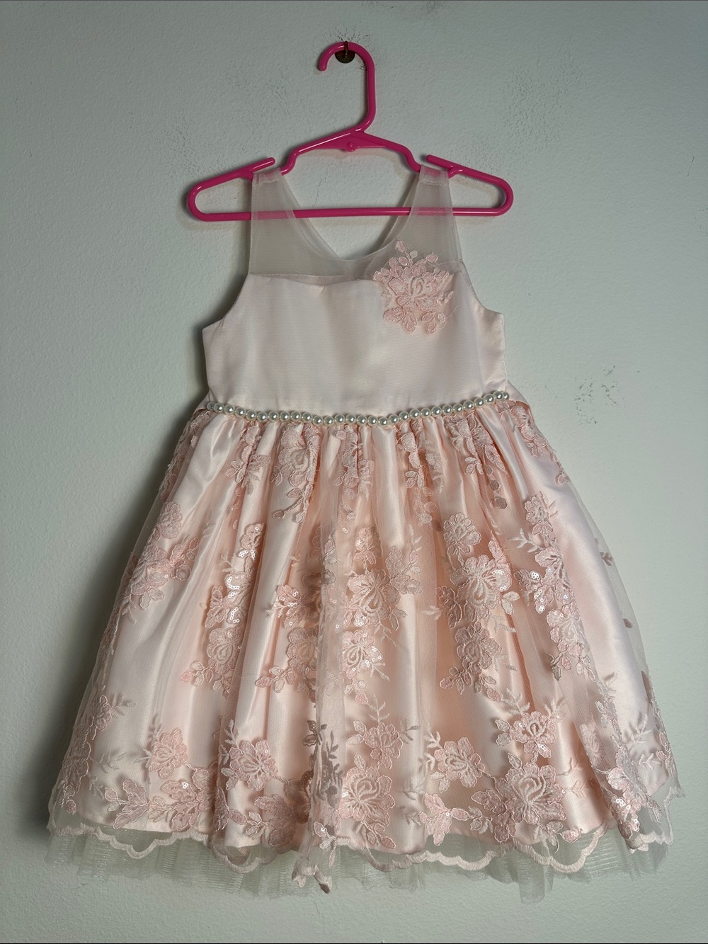 Girls' Pink Floral Lace Party Dress with Pearl Waist size 5